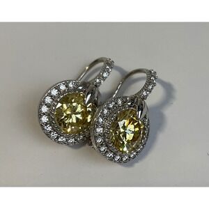 Judith Ripka Sterling Silver Canary Yellow CZ Halo Leverback Drop Earrings